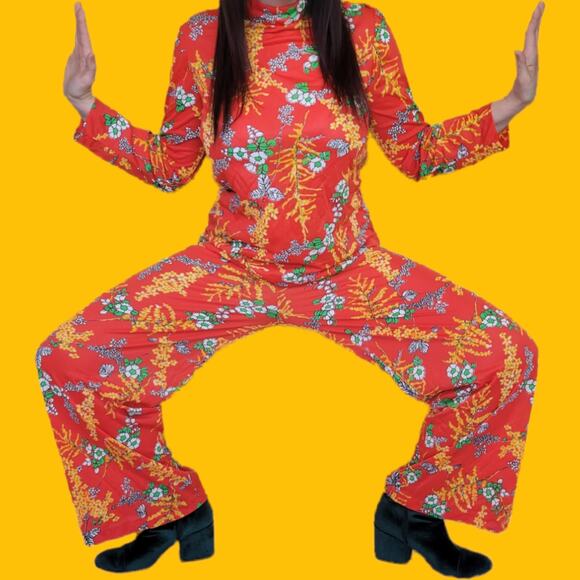 Vintage 70s JCPenney Red Floral Loungewear Set, M - Picture 1 of 5